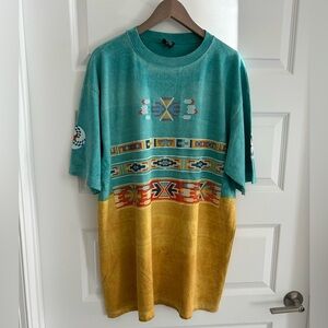 Vintage Factory Artwear Aztec Western T Shirt Blue Yellow Size XL
